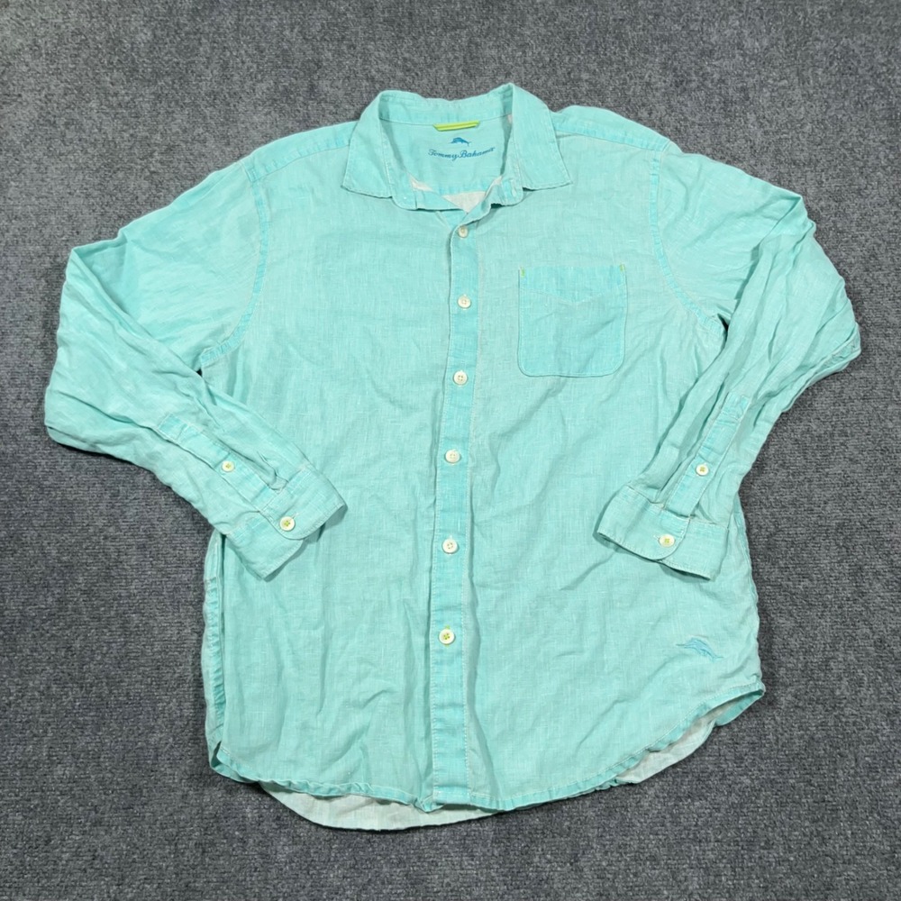 Tommy Bahama 100% Linen Button Down Shirt Mens Large Long Sleeve Seafoam Green